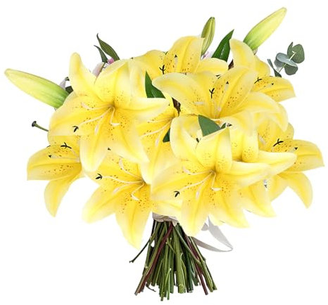 Lot de 5 lys artificiels à tige courte avec 12 têtes de fleurs florales et 5 bourgeons pour décoration de maison, mariage, bureau, fête, festival (jaune)