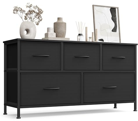 SONGMICS Kommode, Aufbewahrungsschrank, 5 Schubladen, Stahl | Schrank, modern, für Schlafzimmer, Flur, Wohnzimmer, tintenschwarz-ebenholzschwarz, BELLAH Kollektion LGS322BH03