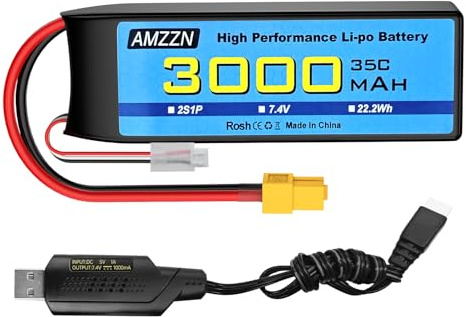 AMZZN 2S fiche XT60 Lipo Battery 7.4V 3000mAh 35C avec câble de charge USB pour voiture RC, camions, modèles de voitures, navires à télécommande, quad-rotor RC, batteries de drone FPV