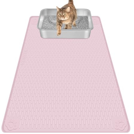 Bartuke Cat Litter Box Mat, 34 x 22 Silicone Mat for Litter Tray | Litter Trapping Mat with Raised Edge for Scatter Control, Non-slip, Waterproof, Soft on Kitty Paws,Easy to Clean(Pink)