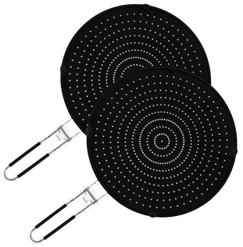 FUNSUEI 2 Stück 30 cm Silikon Spritzschutz Pfanne, 31,8 x 50,5cm Schwarz Faltbar Pfannenspritzschutz, Rund Spritzschutz für Kochen, Braten, Öl Abdeckung