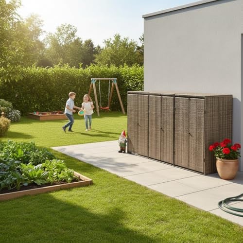Mülltonnenbox Für 3 Tonnen Aus Poly Rattan, Stabile Mülltonnenverkleidung Mit Abschließbaren Türen, 207x80x117 cm Mülltonnenbox 3er Für Garten Und Außenbereich
