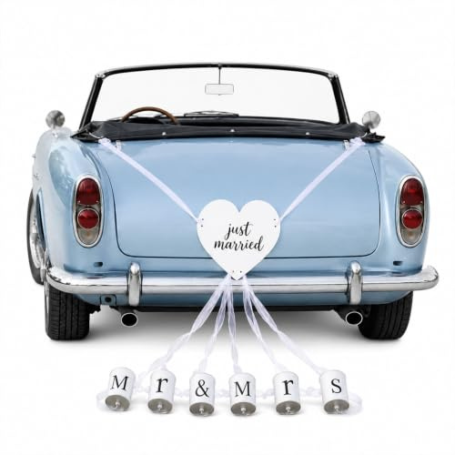 Just Married - Set di decorazioni per matrimonio con barattoli di latta e targhetta a forma di cuore, fatti a mano con nastro