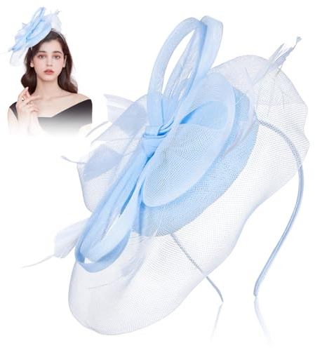 FUOYLOO Fascinator Hut Stirnband Hellblau Netz Kopfschmuck Damen Hochzeit Teeparty Brautfascinator Leichtes Material Festlicher Haarreif