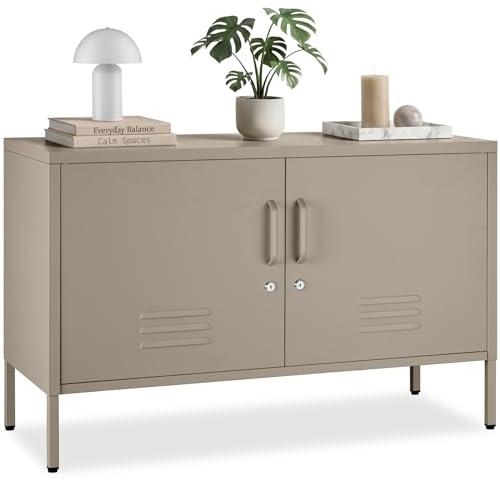 tectake® Sideboard, 100 x 42,5 x 65 cm, mit Magnetverschluss, Verstellbarer Zwischenboden, abschließbar, Metall, rutschfest, solides Stahlgestell, minimalistischer Look, Schraubfüße, Kommode - Taupe