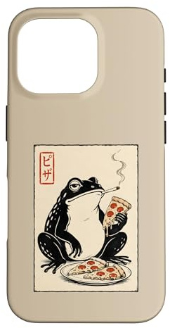 Funny Frog Smoking Eating Pizza Japanese Retro Meme Art Case for iPhone 16 Pro