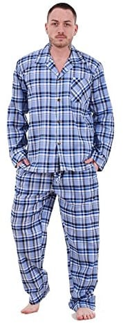 Malay Men’s Yarn Dyed Woven Pyjama Set Blue Check Long Sleeve Button Up Shirt and Trousers Cotton Blend Nightwear Sizes M to 5XL