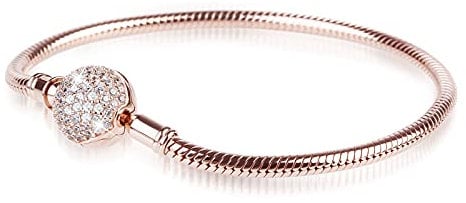 Gnoce Sterling Silber Basic Charm Armband Zierlicher Armreif mit Kristallrand Verschluss Armbänder Damen DIY Schlangenkette 18K Rosegold plattiert Liebenswerte Geschenke für Sie