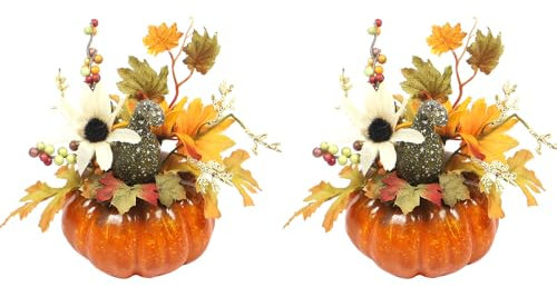 Amosfun 2 stücke Kürbis mit Ahornblätter Zierkürbisse Deko Kürbisse für Halloween Thanksgiving Herbstdeko (Sonne grün Gebogene Melone)