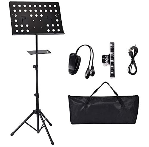 Notenständer Faltbar, Exjoy Professioneller Notenständer mit Klemmhalter Licht & Tablett & Tragetasche Tragbar, leicht, höhenverstellbar Geeignet für Kinder & Erwachsene