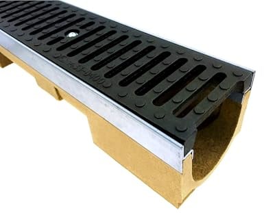 Polymerbeton-Entwässerungsrinne Gussrost mit Stahlzarge, Linienentwässerung - Belastungsklasse D-400 bis 40 Tonnen, Höhe 11,7 cm. Ablauf DN 110. Befahrbar. Tankstellen, LKW-Parkplätze und Hallen