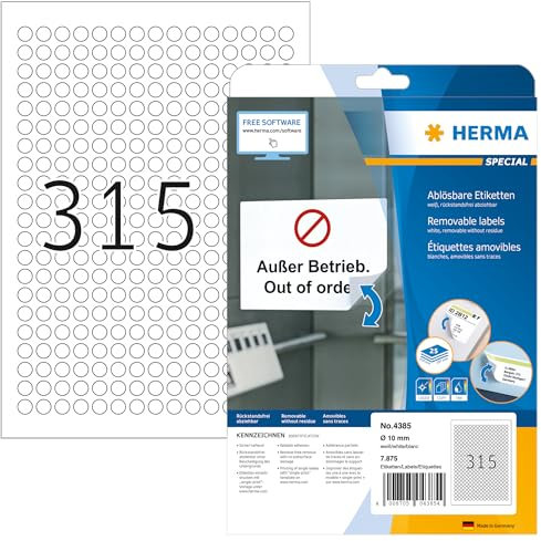 HERMA 4385 Universal Etiketten ablösbar rund, 800 Blatt, Ø 10 mm, 315 pro A4 Bogen, 252000 Stück, selbstklebend, bedruckbar, matt, blanko Papier Klebeetiketten Aufkleber, weiß