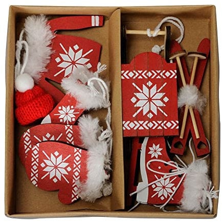 Anhänger Mountain rot weiß aus Holz Weihnachtsanhänger Schlittschuhe Skier 6tlg.