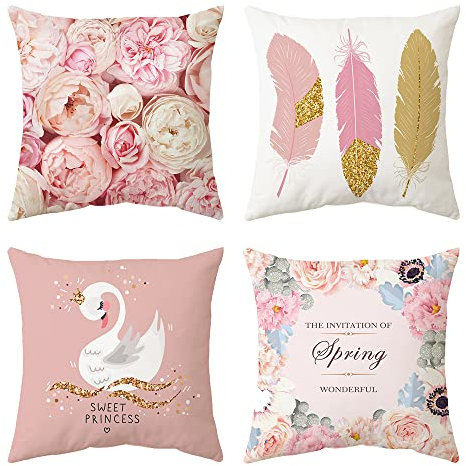 AKIS Home Kissenbezug 45x45cm 4er-Set süße frische Muster Kissenbezüge für Wohnzimmer Schlafzimmer Wohndeko Kissenhülle (Rosa Home Spring)…