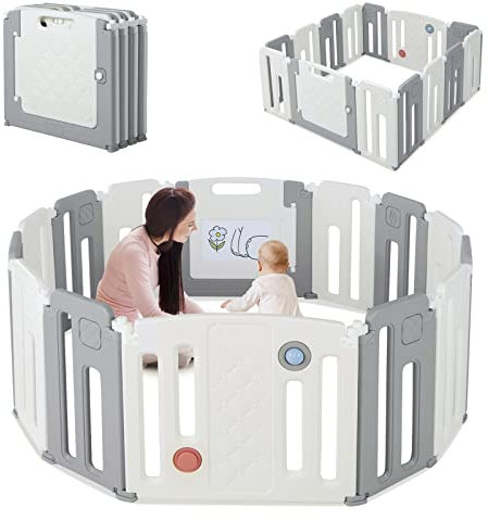 COSTWAY Faltbares Laufstall, Baby-Laufgitter mit Tür, Spielpaneel & Sicherheitsschloss, Absperrgitter mit Whiteboard, Kugel & Soundknopf, für Babys & Kinder von 6-36 Monaten, Beige (12+2 Paneelen)