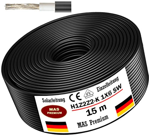 Solarleitung H1Z2Z2-K 4, 6, oder 10 mm² Von 5 bis 200m Solarkabel Schwarz, Rot oder Blau Erdverlegbare Einzelleitung Photovoltaik Halogenfrei Doppelt isoliert (H1Z2Z2-K 6, Schwarz, 15m)