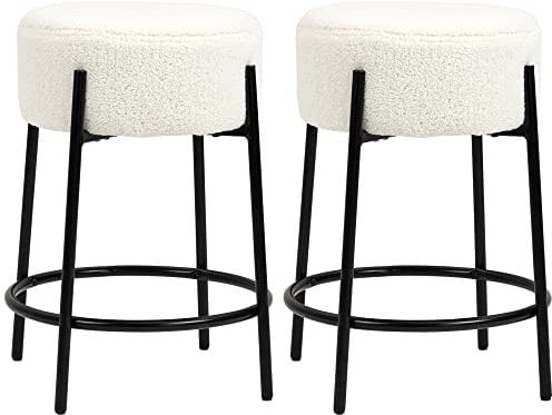 HOMCOM Lot de 2 tabourets de Bar avec Repose-Pieds Hauteur 62 cm - Acier et revêtement Effet Laine bouclée Design Industriel - Blanc et Noir