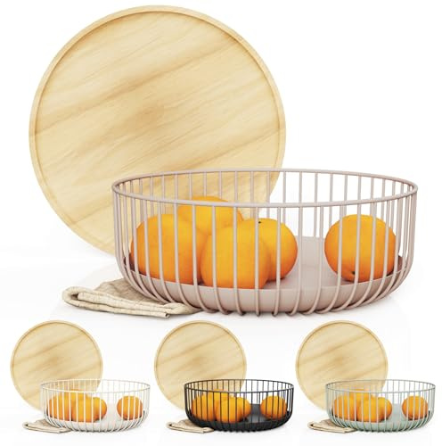 LIBKEN Fruit Basket for Kitchen - Multi-Purpose Stackable Basket with Wooden Lid - Powder Coated Metal and Rubber Wood - Wire Baskets for Organizing - Minimal Design - 4.5x11.4x11.4 - Peach