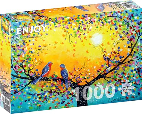 1000 Pieces Jigsaw Puzzle for Adults – Matte Finish, Soft Touch, Sturdy and Unique Pieces, Tight Fit, Vivid Colors, Missing Pieces Service – Love Birds in Colorful Leaves Heart Tree – by ENJOY Puzzle