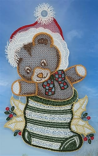 Plauener Spitze Fensterbild Weihnachten Teddy 27 cm Fensterdekoration Weihnachtsdekoration Fensterschmuck Kinderzimmer incl.Saugnapf