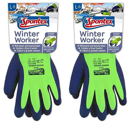 Spontex Winter Worker Handschuhe, Arbeitshandschuhe mit Innenfütterung für hohen Kälteschutz, mit Latexbeschichtung, Farbe nicht frei wählbar (blau oder grün), Größe L, 1 Paar (Packung mit 2)