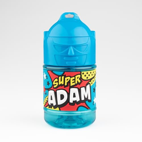 Bouteille personnalisée pour enfant, gourde d'eau avec paille - Super Adam, Bleu