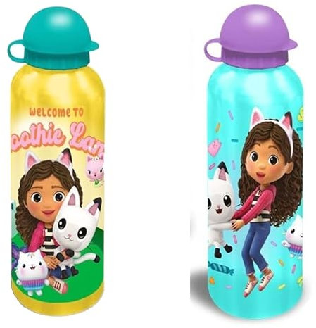 2x Gabbys Dollhouse Cat Water Bottles Lightweight 500ml Aluminum BPA Free Drinking Leakproof KBT Disney Bottles for Kids, Ideal for On the Go, Gym, Sports and Travel 3+ Year | 21cm