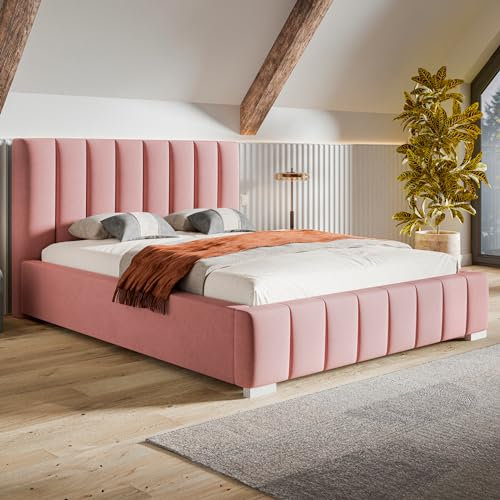 MOTIVENA Vigo Bett 120x200, Polsterbett 120x200, mit Bettkasten, mit Stauraum, mit Lattenrost, mit Kopfteil, ohne Matratze, Samt, Rosa