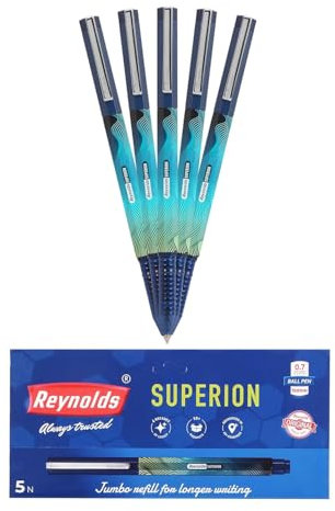 Reynolds SUPERION Tintenroller Set – 5 Stifte Blau | Roller Pen mit komfortablem Griff | Blaue Tintenroller zum Schreiben | Stift für Profis | 0,5 mm Spitzengröße