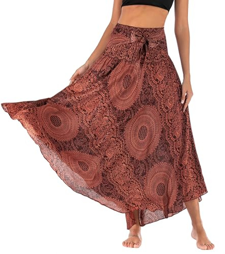 Adigaber Jupe Longue 2-en-1 pour Femme Bohème Imprimé Floral Taille Unique | Motif bohème,Taille haute,Long,Asymétrique,Coupe A,Taille élastique,Soirée,Plage,Avec ceinture,Été,Gainant ventre,Fluide