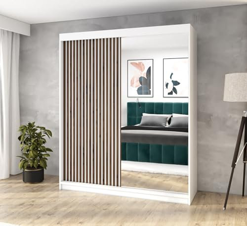 A&J MöbelLand Schwebetürenschrank MIT Kleiderschrank 160 cm mit Spiegel & Holzlamellen (Weiß)