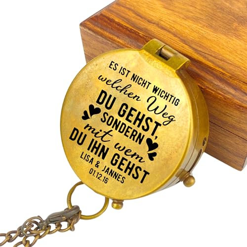 Personalisierter Kompass mit Gravur Wunschmotiv Liebe und Wunschtext Name Diverse Designs Messing Ledertasche Geschenkbox Geschenkidee (Vintage Optik)