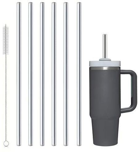 6Pcs Replacement Straight Straw for Stanley Cup 40oz, Long Metal Straw for Stanley Adventure Quencher Travel Tumbler, with Cleaning Brush for Fruit Drink, Milkshake, Cold Drinks