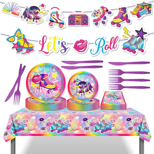 Roller Skating Party Supplies Decorations Roller Skate Theme Birthday Tableware Includes Let's Roll Happy Birthday Banner Plates Napkins Tableware for Girls Hip Hop Disco 80s 90s Themed Party