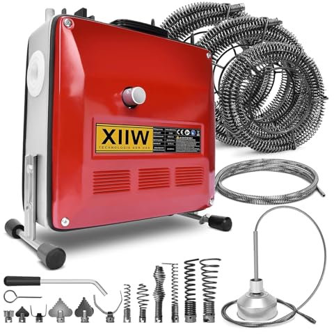 Rohrreinigungsmaschine 850W mit 28m Ø22mm,14.5m Ø16mm, 5m Ø10mm Spirale für Ø20-200mm Rohrleitungen, 12 Köpfe, Rohrreinigungsgerät 450U/M Elektrische Rohrreiniger Reinigung Abflussreiniger