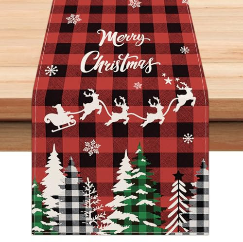 Bonhause Runner da tavola a quadri con alberi di Natale, rosso e nero, a quadri, renne, per cucina, decorazione per la casa, 33 x 183 cm, fiocchi di neve invernali, alberi di Natale, decorazione da