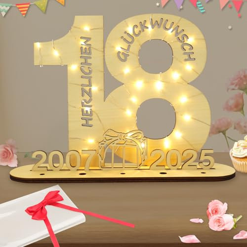 Seutgjie Deko 18 Geburtstag Mädchen Junge, Geldgeschenke Geburtstag 18 Originelle Holz Schild Gästebuch mit LED Lichterkette für Hochzeitstag Jubiläum Tischdeko 2007-2025