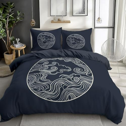 CozyRest Bettwäsche Set 135 x 200 cm Japanisches Ukiyo-E Wendebettwäsche Drucken Bettbezug 3teilig mit Kissenbezug 80x80 cm, Marineblau Bettwäsche Bettbezug mit Reißverschluss