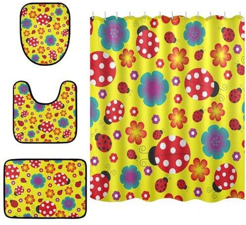 ISAOA 4-teiliges Duschvorhang-Set mit Haken, rutschfeste Teppiche, WC-Deckelbezug und Badematte, Flora, Marienkäfer, gelbe Duschvorhänge, Bodenteppich, Badezimmer-Dekor