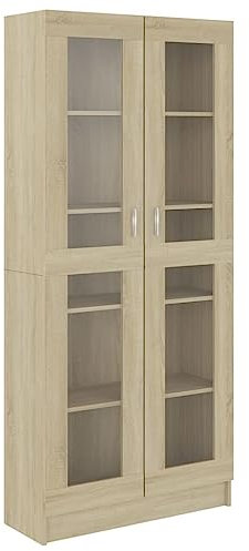 Hommdiy Vitrinenschrank Wohnzimmer,Glas Vitrine Hochglanz mit Glastüren Sonoma-Eiche 82,5x30,5x185,5 cm Holzwerkstoff