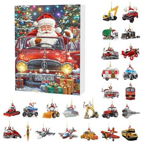 Weihnachts-Adventskalender | 2024 Fantasy-Auto-Charm-Set | 24-Tage-Acryl-Countdown-Kalender mit 2D-Weihnachtsauto-Anhängern, Schlüsselanhänger-Spielset für Kinder und Erwachsene, perfekt für festliche