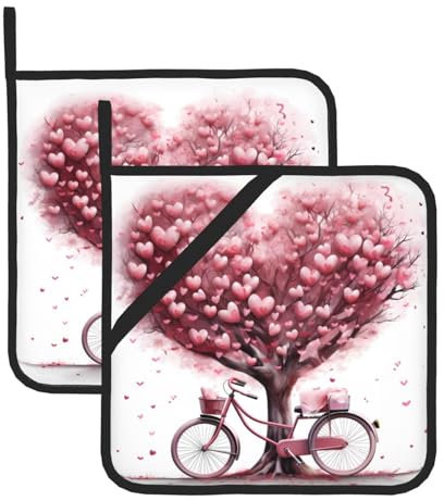 BROLEO Set di 2 presine da 20,3 x 20,3 cm, resistenti al calore e durevoli, accessori da cucina con tessuto impermeabile, festa della mamma, San Valentino, romantici cuori e stampe su albero e bici