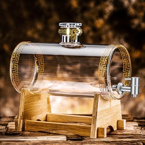 Getränkespender mit Ständer,CEIEVER Fassförmiger Getränkespender 5L Whisky Karaffe mit Hahn und mit Verschlusskorken Transparenter Alkoholspender Set für Whisky,Brandy,Säfte,Limonade (A)