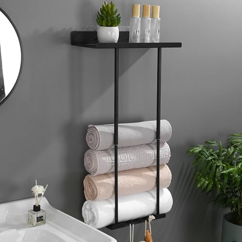 Handtuchregal ohne Bohren Badezimmer Wand, Edelstahl Schwarz Handtuch Regal, Haltbar Gästehandtuchhalter, Handtuchaufbewahrung Bad, Handtuchhalter Ausziehbar Gäste WC, Handtuchablage mit Ablage Haken