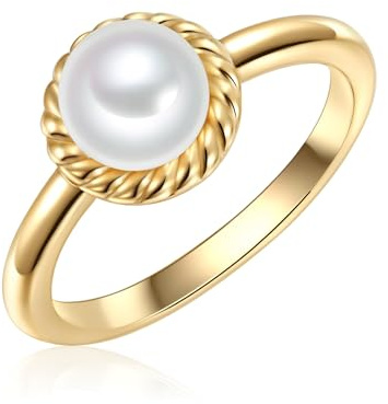 Valero Pearls Damen Ring 925/- Sterling Silber gelbgold | gelbvergoldet 14 Karat, Perlenring, Zirkonia, weiß, Süßwasser-Zuchtperle, ca. 7,0 - 8,0 mm, weiß, button