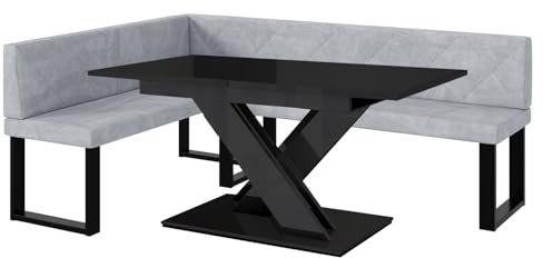 MEBLINI Eckbank für Esszimmer mit ausziehbarem Tisch - Küchenbank - Essecke - Sitzecke Küche - ERIC - U-Beine 142x196x87cm Links - Hellgrau Samt/B Schwarz Hochgl.