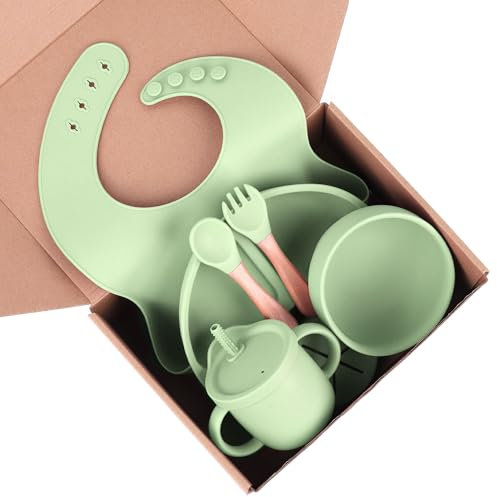 WYNStore - Sage Green Baby Weaning Set – Includes Straw Cup, Suction Bowl, Spoon, Fork, Suction Baby Plate & Bib - Ideal Toddler Feeding Set, Baby Registry Gift & Birthday Present - 7 Pieces
