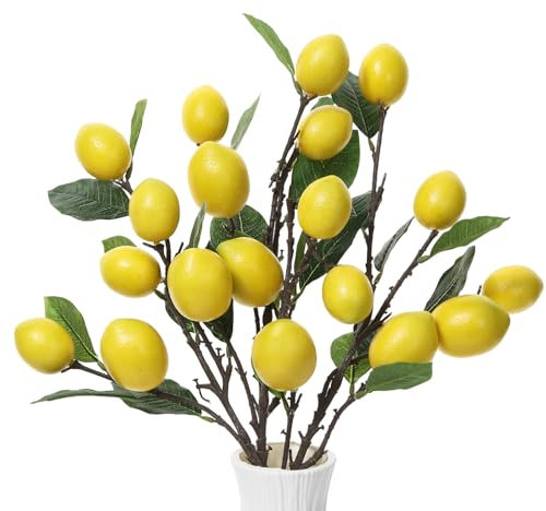 LEUCHTAMOR 3PCS künstliche Zitronenzweige 5 Lebendige gelbe gefälschte Zitrone Gelbe gefälschte Zitronenzweige für Küche, Party, Bauernhaus, Tafelaufsatz, Heimdekoration