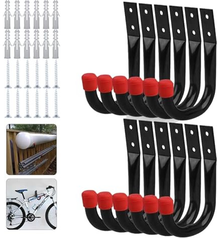 sports flyfree 12 Pack Industrial Garage Wall Mount Hooks - Rust Resistant Heavy Duty Metal J Utility Hooks for Hanging Extension Cords, Tools, Cables - Includes Wall Anchors and Screws