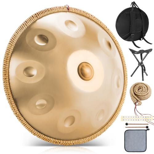 BIILOYY Handpan Instrument 432 Hz,9 Töne 22 Zoll Hand Pan,Handpan Drum in D-Moll,inklusive Hang Drum Tasche, Schlägel, Hangdrum Ständer, für Anfänger, Profis, Musiktherapie (Gold) (9 Töne 432 Hz)